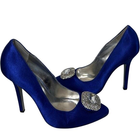 Size 8.5 Blue Satin Rhinestone Something Blue Stiletto Heels Shoes Wedding - Picture 2 of 12